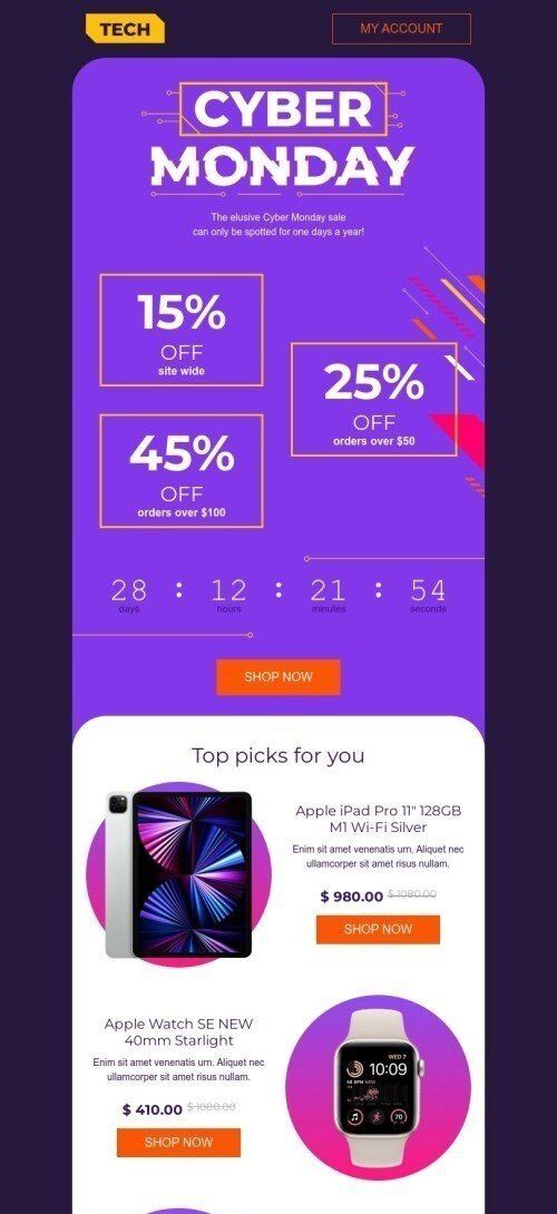 Cyber Monday email template "Top picks for you" for gadgets industry mobile view
