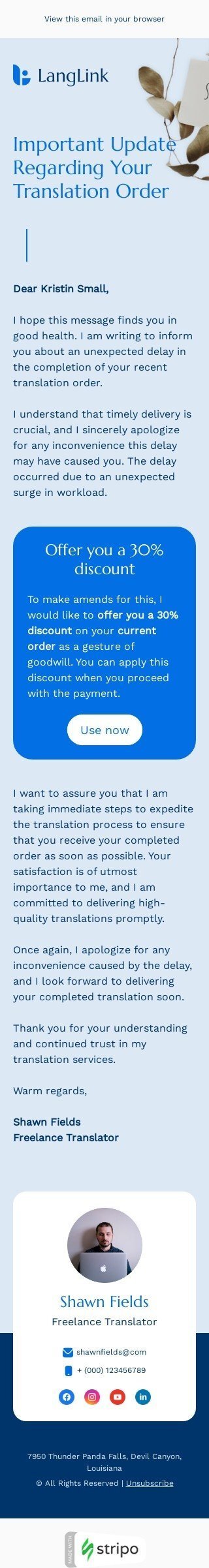Auftragsbestätigung E-Mail-Vorlage «Aufrichtige Entschuldigung» für Übersetzung-Branche Ansicht auf Mobilgeräten