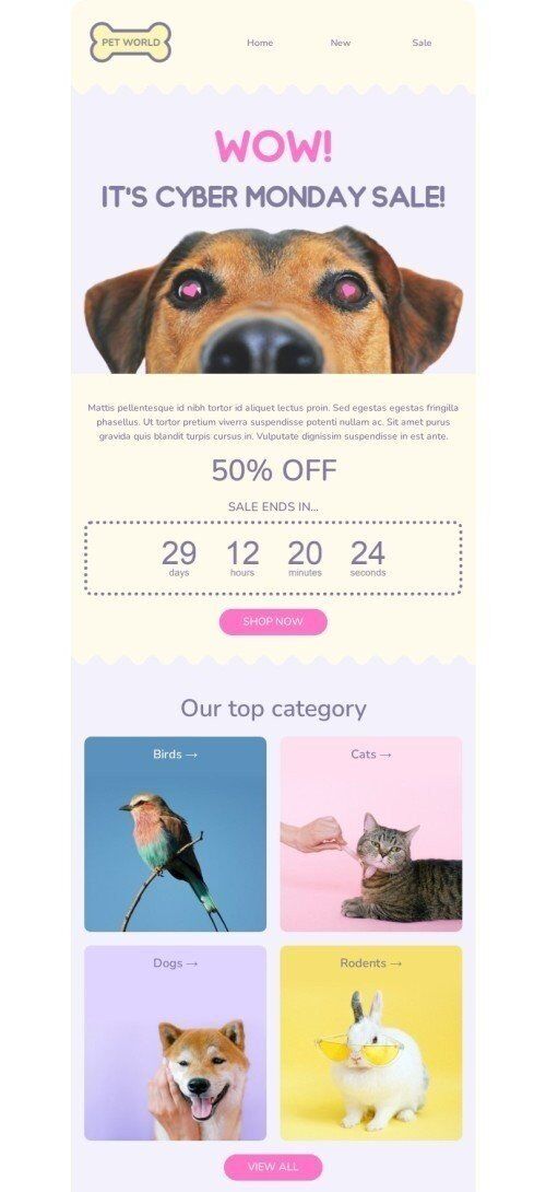 Cyber Monday email template "Cyber Monday sale" for pets industry mobile view