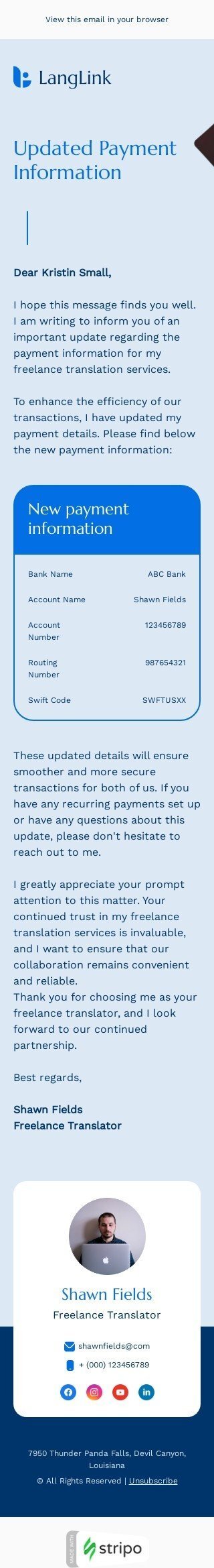 Modelo de e-mail de «Informação de pagamento» de confirmação para a indústria de tradução Visualização de dispositivo móvel