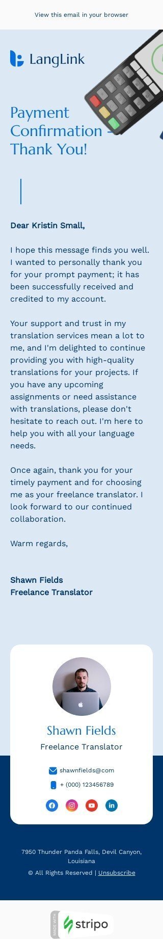 Modelo de e-mail de «Seu pagamento foi aprovado» de confirmação para a indústria de tradução Visualização de dispositivo móvel