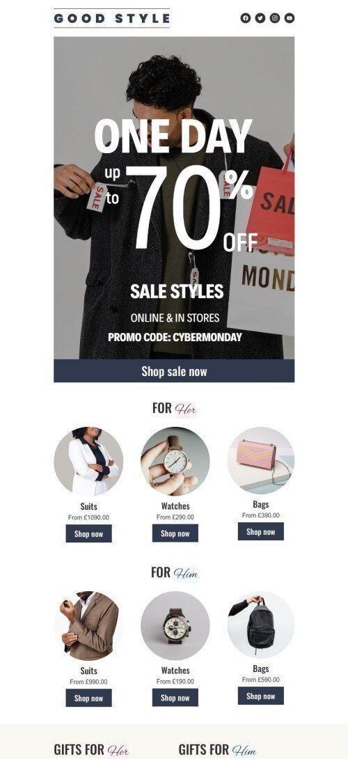 Cyber Monday email template "One day sale" for fashion industry mobile view