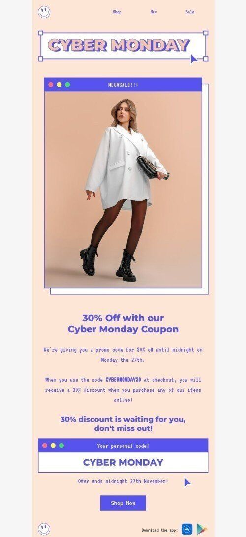 Cyber Monday email template "Our Cyber Monday coupon" for fashion industry mobile view