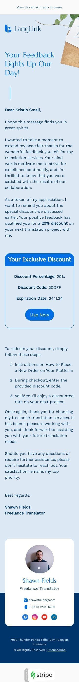 Modelo de e-mail de «O feedback ilumina nosso dia» de pesquisa e feedback para a indústria de tradução Visualização de dispositivo móvel
