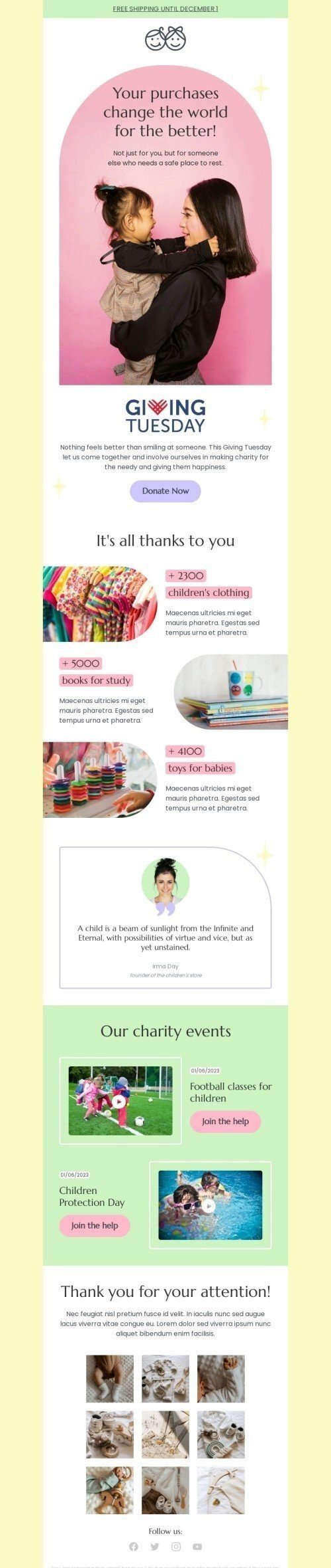 Plantilla de correo electrónico «Tus compras cambian el mundo» de Dando martes para la industria de productos para niños Vista de móvil
