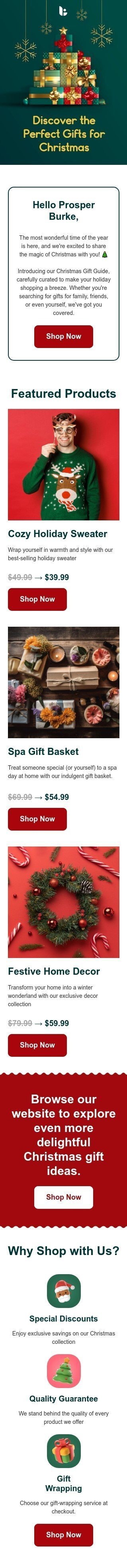 Modello email Natale «Regali perfetti per Natale» per il settore industriale di libri, regali e cancelleria Visualizzazione mobile