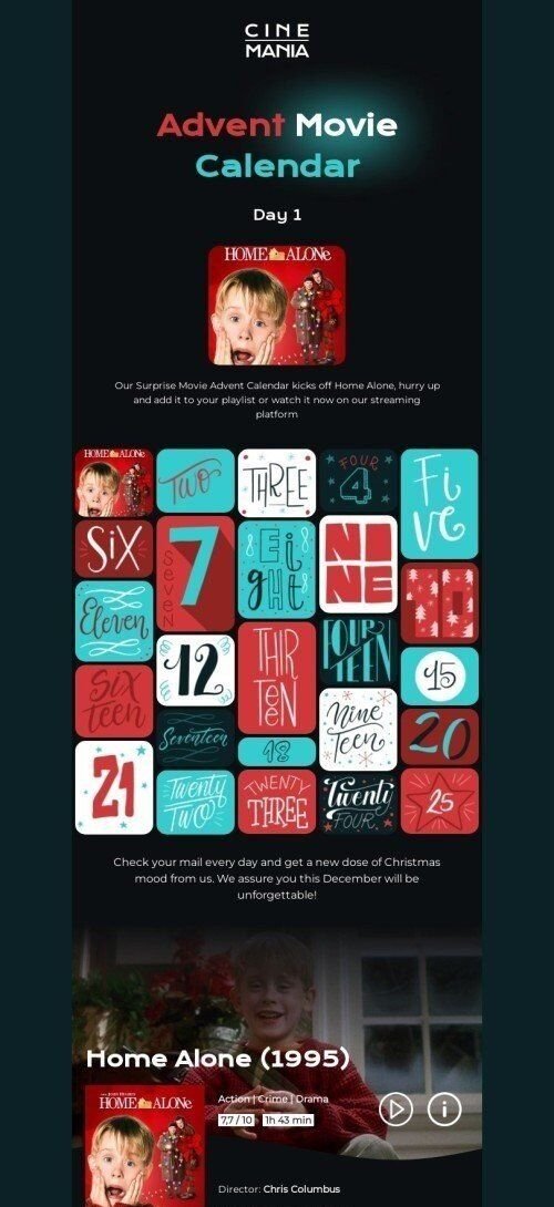 Christmas email template "Advent movie calendar" for movies industry mobile view