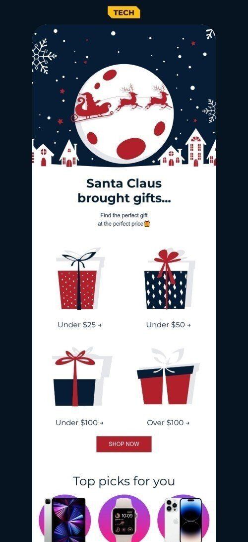 Christmas email template "Santa Claus brought gifts" for gadgets industry mobile view