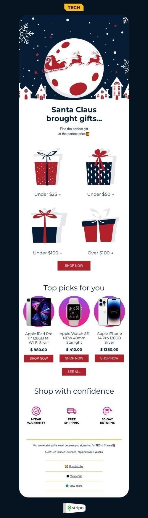 Christmas email template "Santa Claus brought gifts" for gadgets industry mobile view