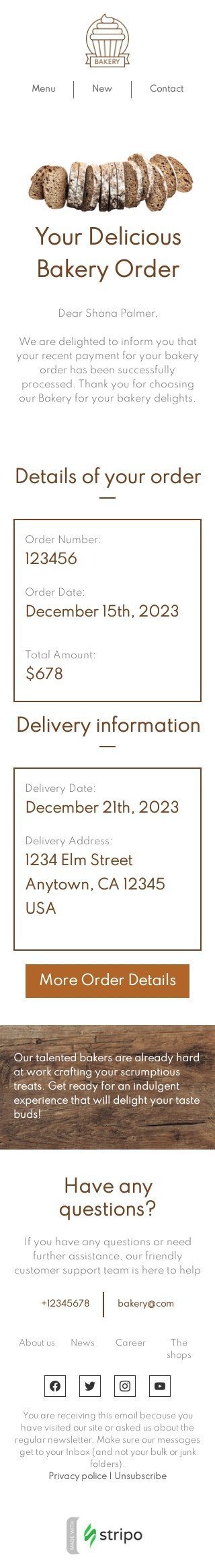 Auftragsbestätigung E-Mail-Vorlage «Bäckereibestellung» für Backen-Branche Ansicht auf Mobilgeräten