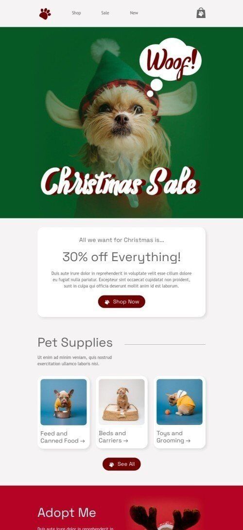 Christmas email template "All we want for Christmas is..." for pets industry mobile view