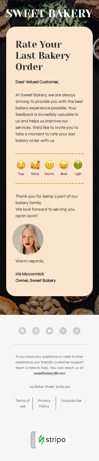 Umfragen & Feedback E-Mail-Vorlage «Bewerten Sie Ihre letzte Bäckereibestellung» für Backen-Branche Ansicht auf Mobilgeräten