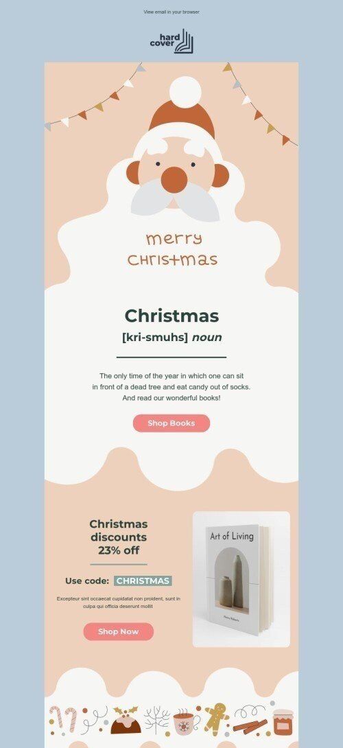 Christmas email template "Read our wonderful books" for books & presents & stationery industry mobile view