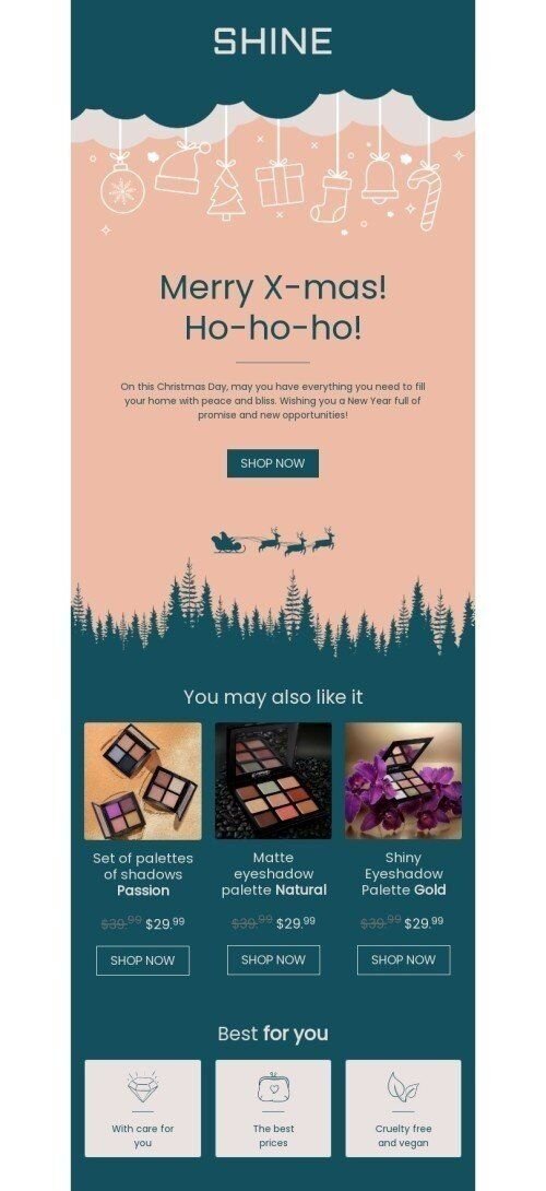 Christmas email template "Merry X-mas! Ho-ho-ho!" for beauty & personal care industry mobile view