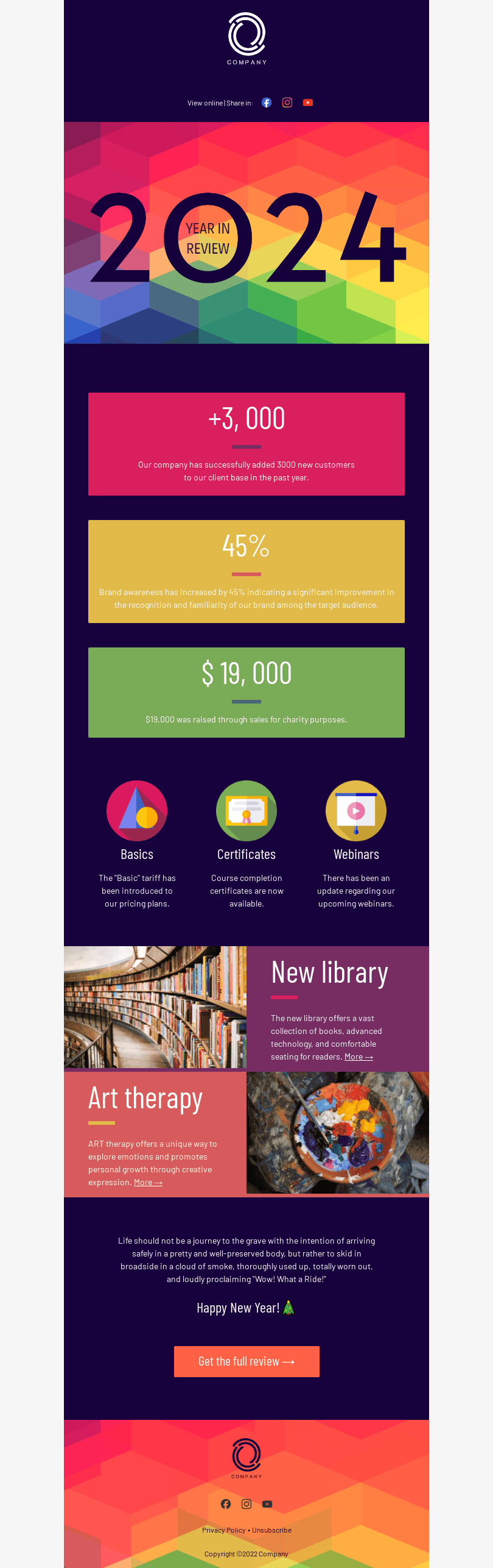 New Year email template "Colorful year in numbers" for education industry desktop view
