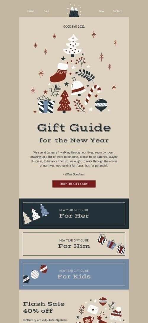 Plantilla de correo electrónico «Guía de regalos para año nuevo» de Año Nuevo para la industria de moda Vista de móvil