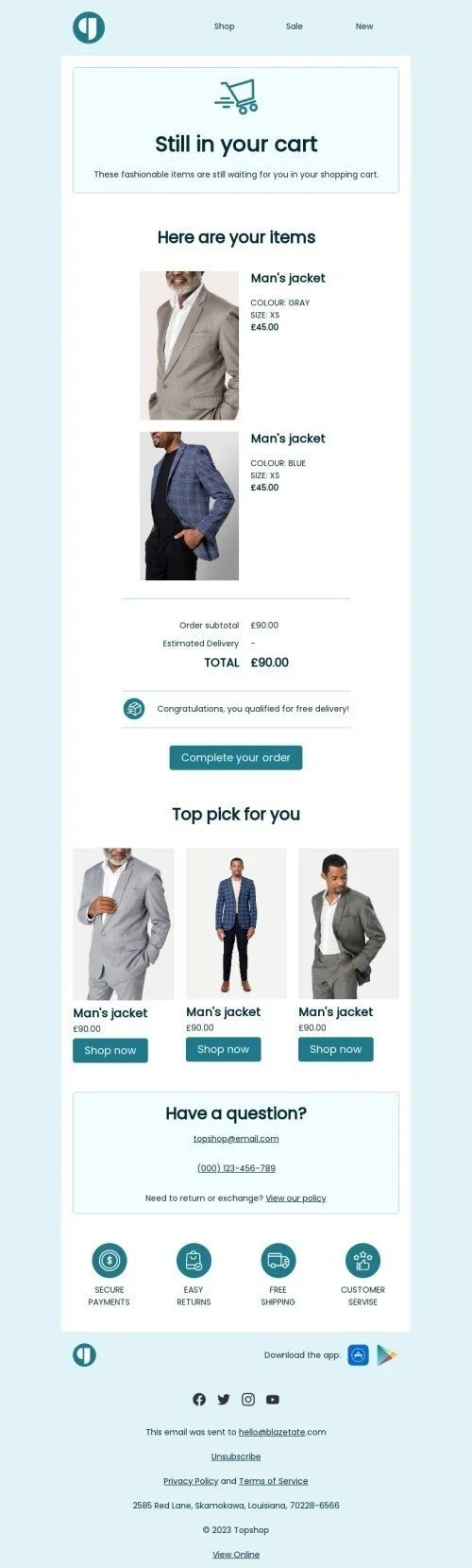 Abandoned cart email template "Still in your cart" for ecommerce industry