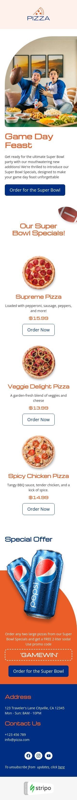 Super Bowl E-Mail-Vorlage «Spieltagsfest» für essen-Branche Ansicht auf Mobilgeräten