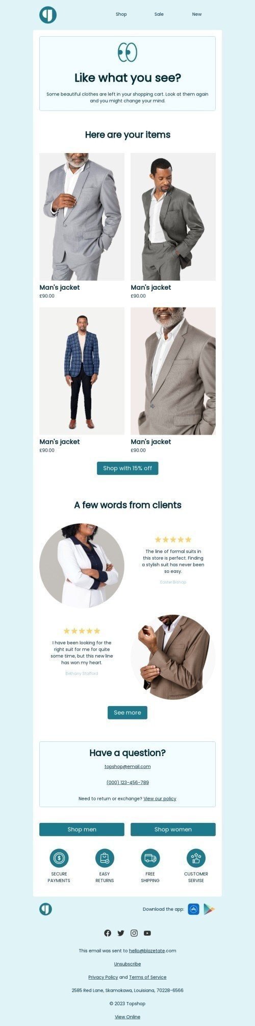 Follow-up email template "Like what you see?" for ecommerce industry mobile view