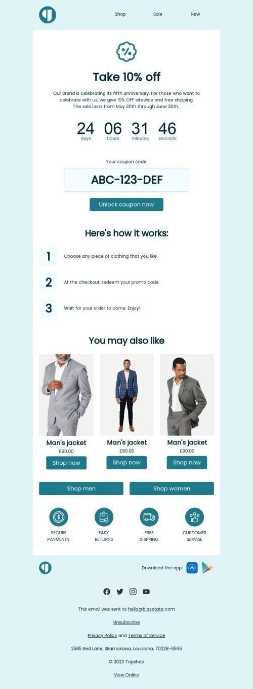 Promo email template "For a limited time" for ecommerce industrydesktop view