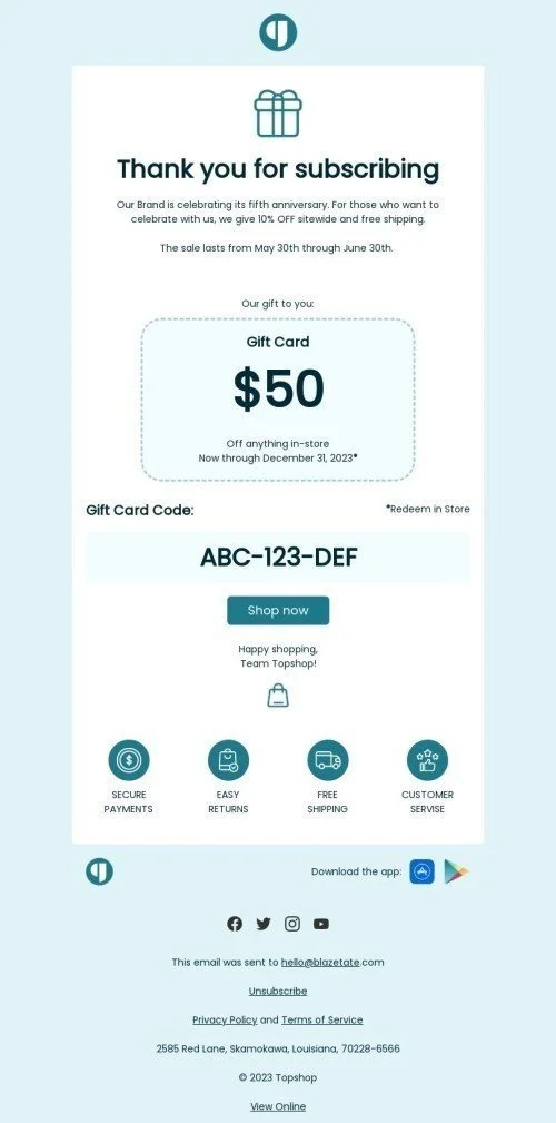 Thank you email template "Thank you for subscribing" for ecommerce industry