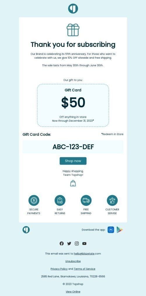 Thank you email template "Thank you for subscribing" for ecommerce industry mobile view