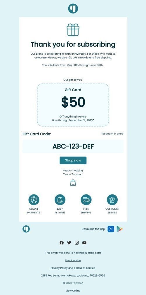 Thank you email template "Thank you for subscribing" for ecommerce industrydesktop view
