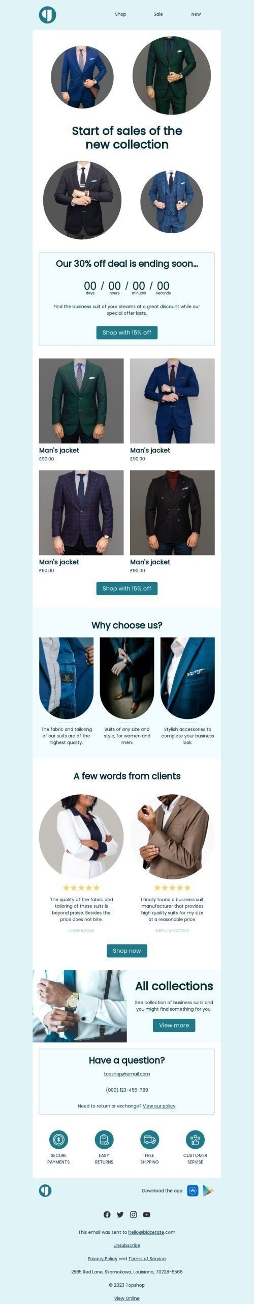 Modello email promo «Inizio delle vendite» per il settore industriale di e-commerce Visualizzazione desktop