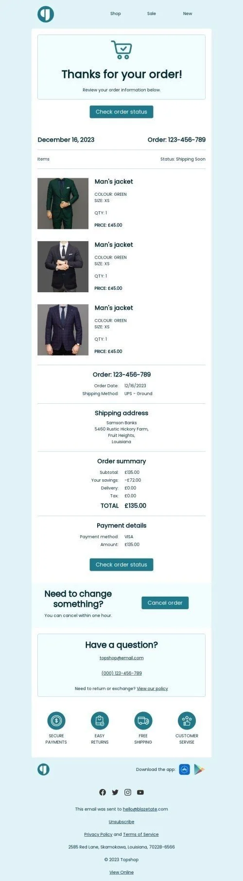 Order email template "Thanks for your order" for ecommerce industry