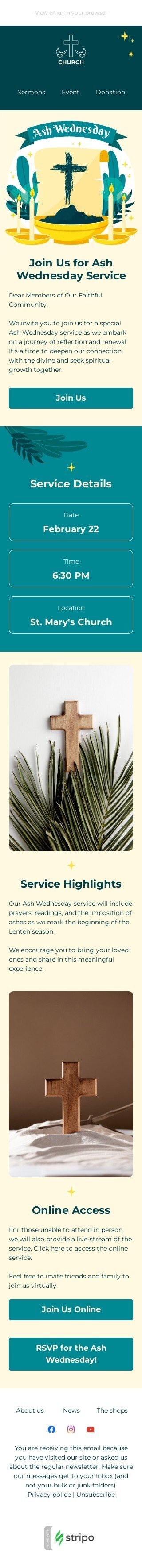 Aschermittwoch E-Mail-Vorlage «Gottesdienst am Aschermittwoch» für Kirche-Branche Ansicht auf Mobilgeräten