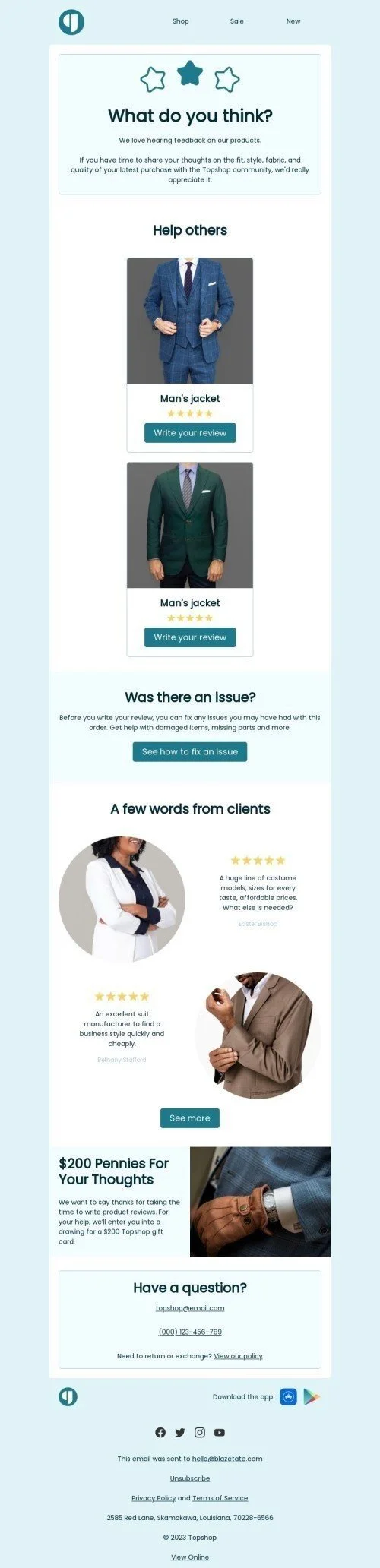 Survey & feedback email template "What do you think?" for ecommerce industry