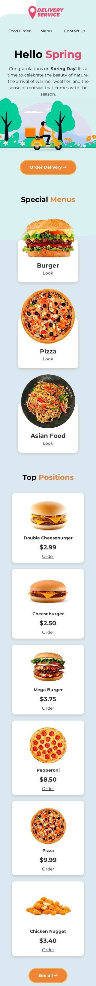 Frühling E-Mail-Vorlage «Express-Burger» für Essen-Branche Ansicht auf Mobilgeräten