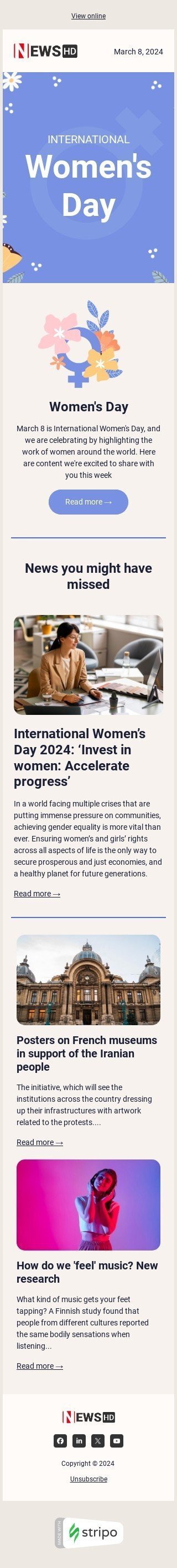 Шаблон письма к празднику Женский день «Время для новостей» для индустрии «Публикации и блог» мобильный вид