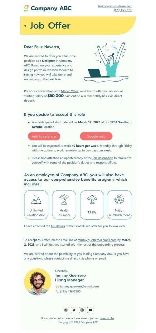 Internal email template "Job offer" for human resources industry mobile view