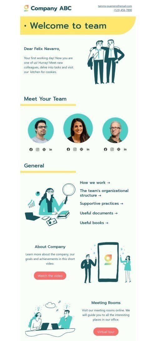 Internal email template "Onboarding" for human resources industry mobile view