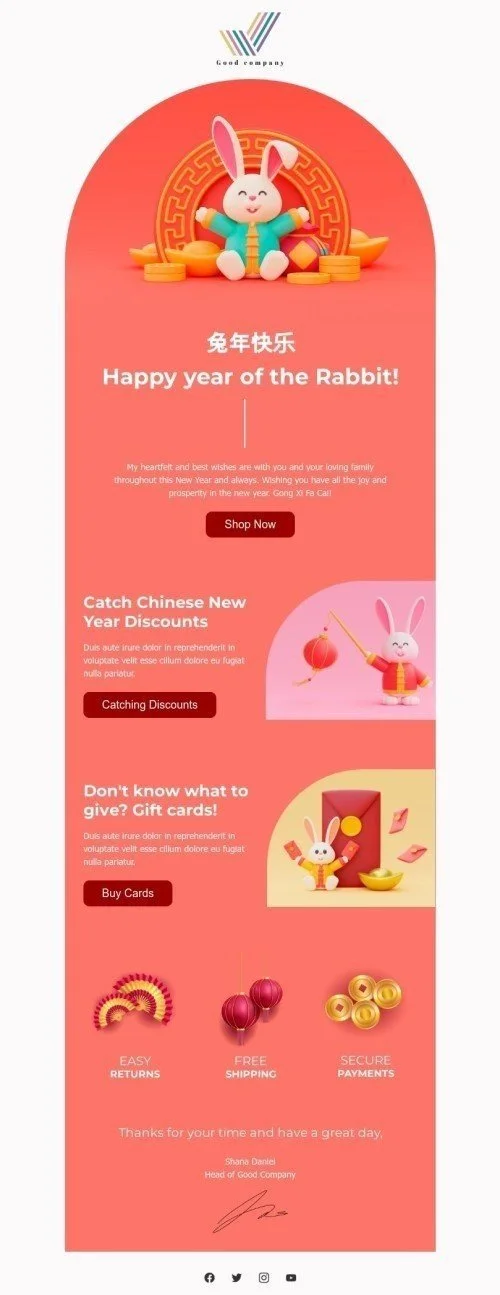 Chinese New Year email template "Catch Chinese New Year discounts" for fashion industry