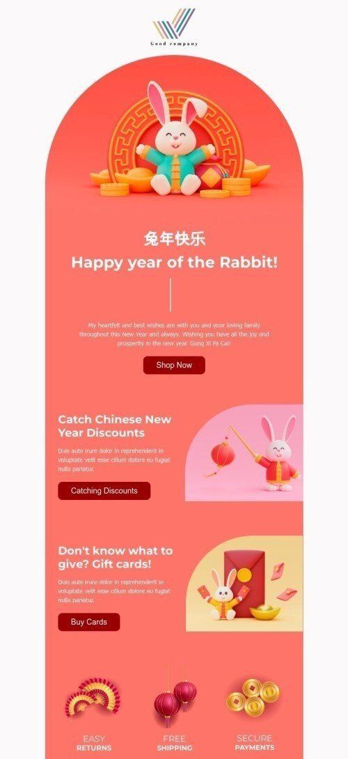 Chinese New Year email template "Catch Chinese New Year discounts" for fashion industry mobile view