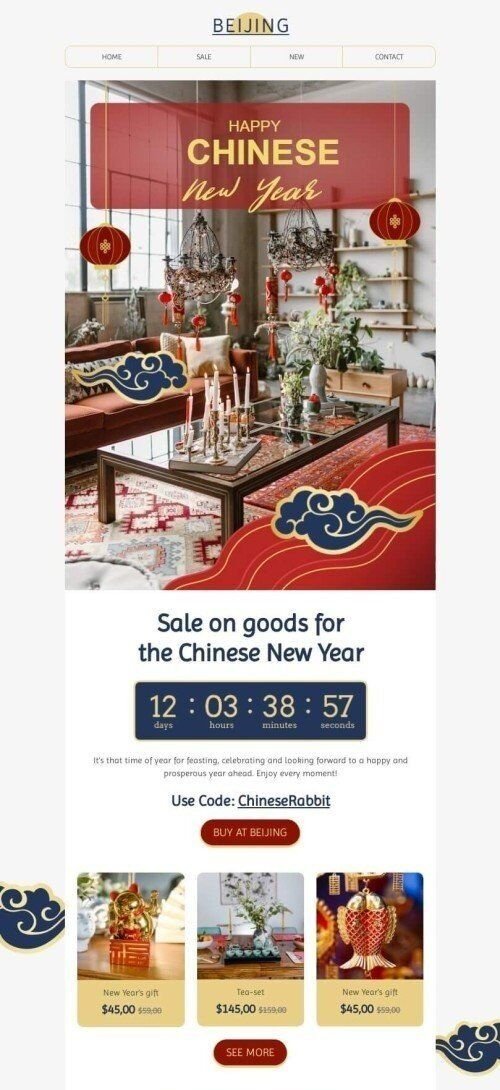 Chinese New Year email template "Chinese New Year miracle" for furniture, interior & DIY industry mobile view