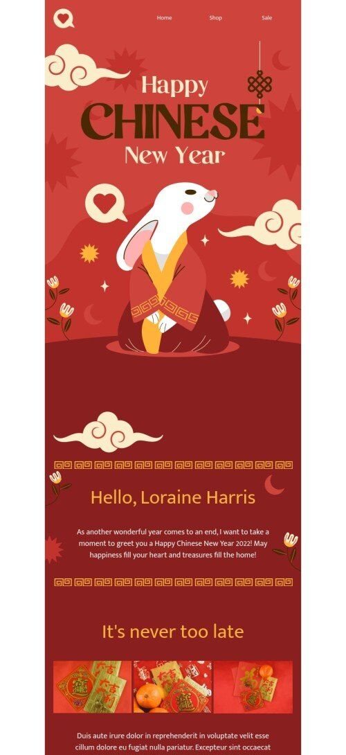 Chinese New Year email template "It's never too late" for books & presents & stationery industry mobile view