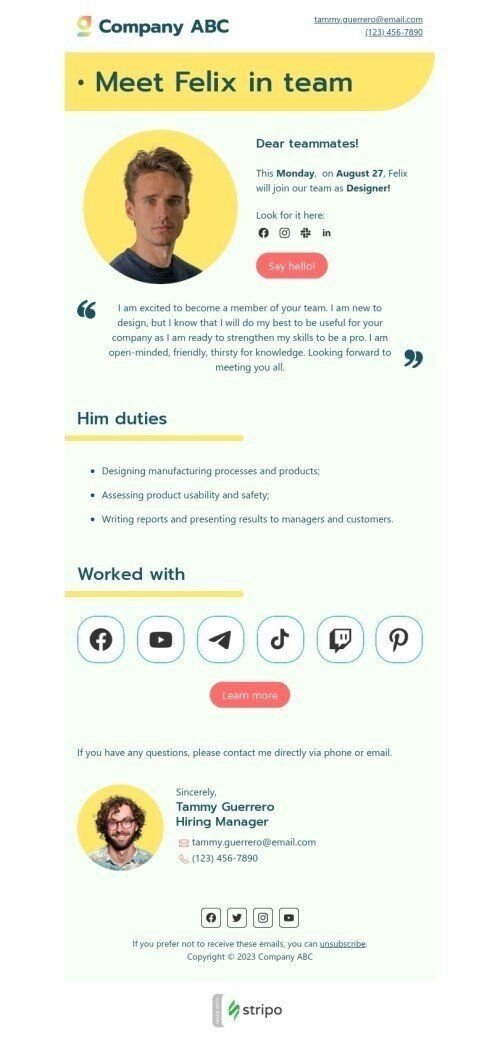 Internal email template "Welcome in team" for human resources industry mobile view