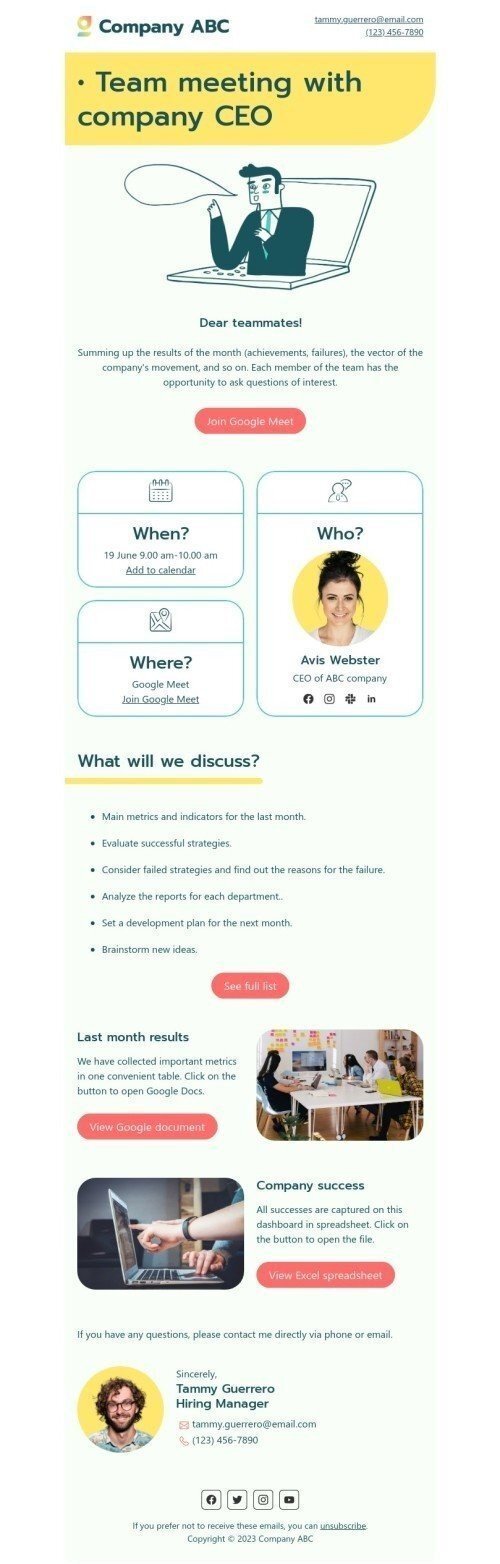 Modello email interne «Riunione di squadra» per il settore industriale di HR Visualizzazione desktop