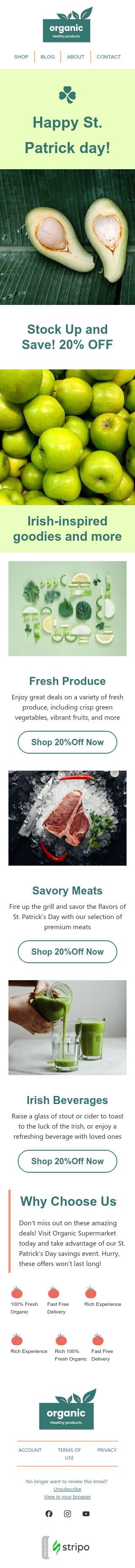 St. Patrick‘s Day E-Mail-Vorlage «Vorräte anlegen und sparen» für Essen-Branche Ansicht auf Mobilgeräten