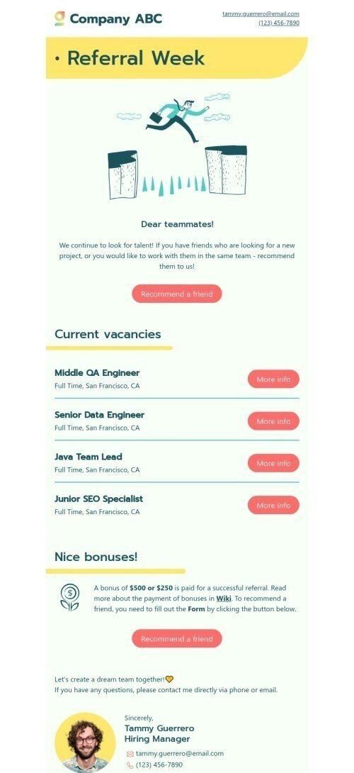 Internal email template "Referral week" for human resources industry mobile view