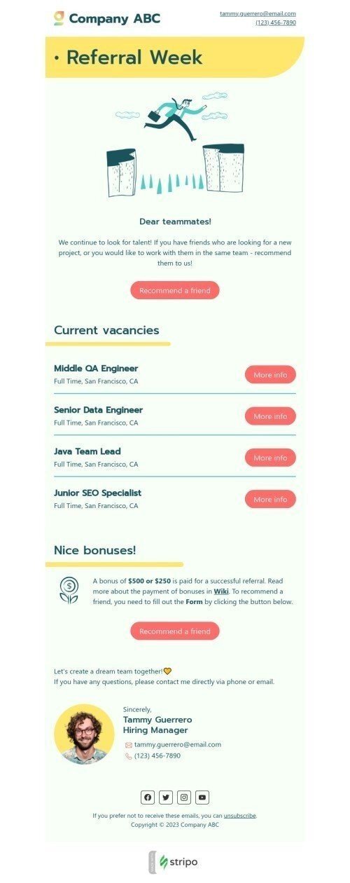 Internal email template "Referral week" for human resources industrydesktop view