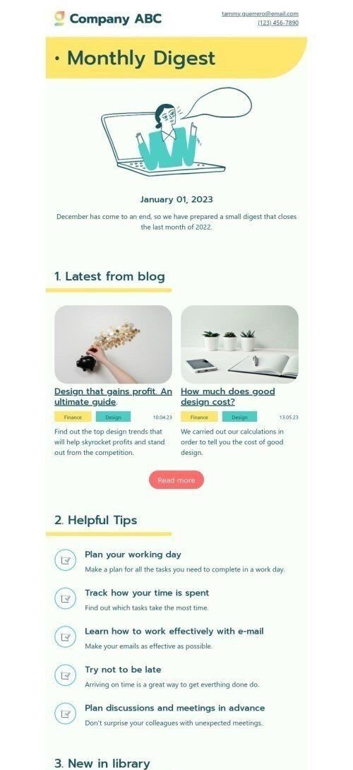 Internal email template "Monthly digest" for human resources industry mobile view