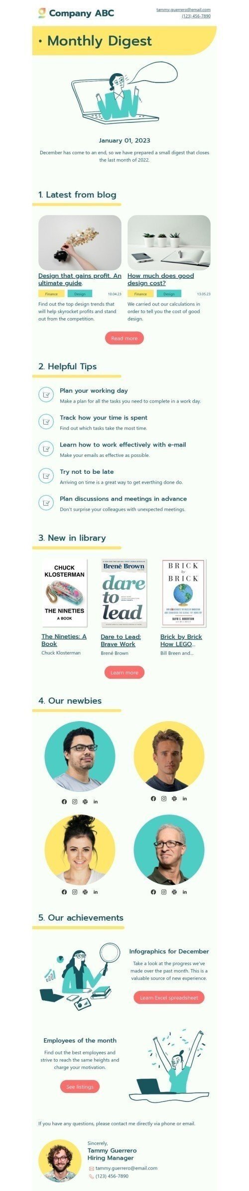 Internal email template "Monthly digest" for human resources industry mobile view