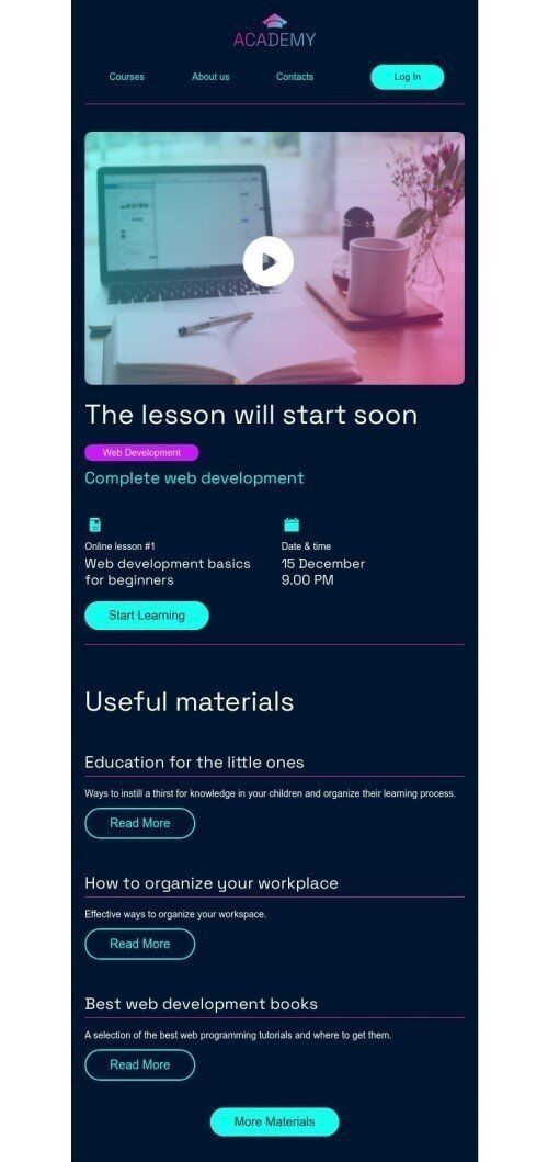 Event reminder email template "The lesson will start soon" for education industry mobile view