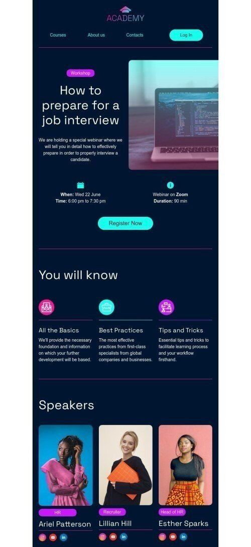 Шаблон письма «Приглашение на воркшоп или вебинар» тематики события для индустрии «Школа и образование» мобильный вид