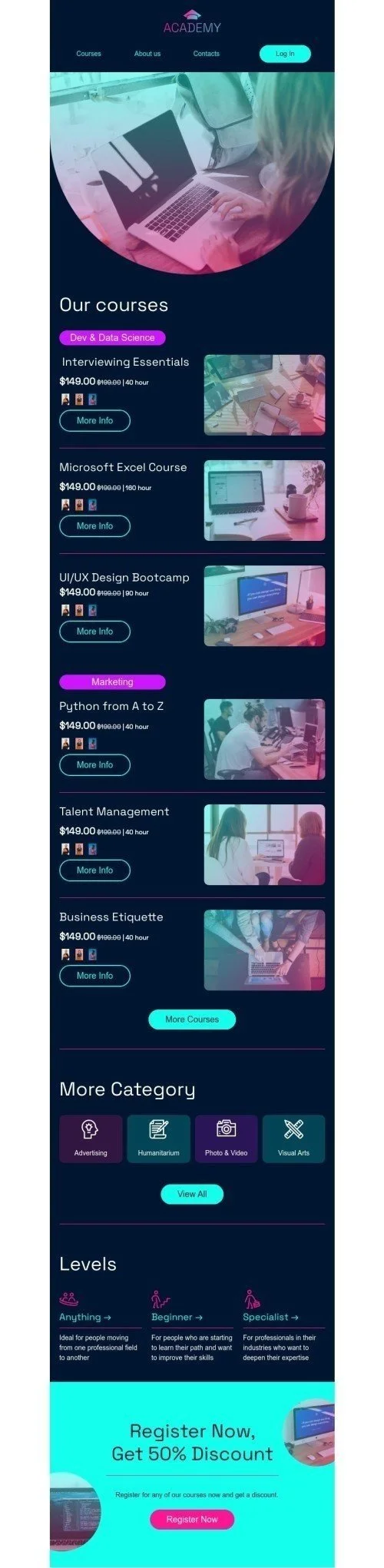 Newsletters email template "Courses in our academy" for education industry