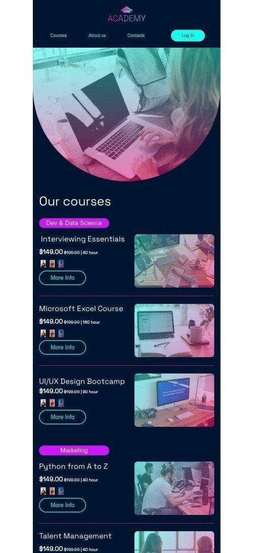 Modelo de e-mail de «Cursos em nossa academia» de boletins informativos para a indústria de educação Visualização de dispositivo móvel